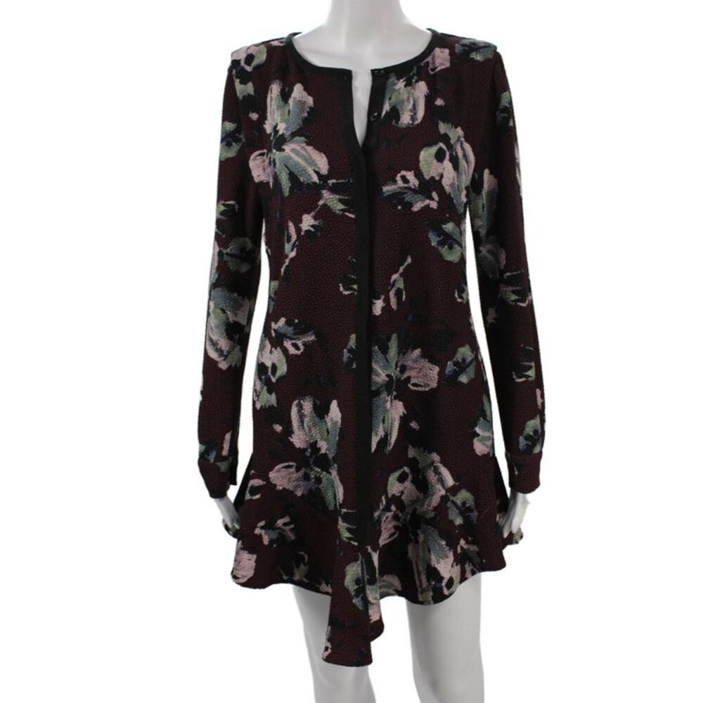 Cosette Women Trapeze Swing Floral V Neck Button Long Sleeve Short Dress Size S